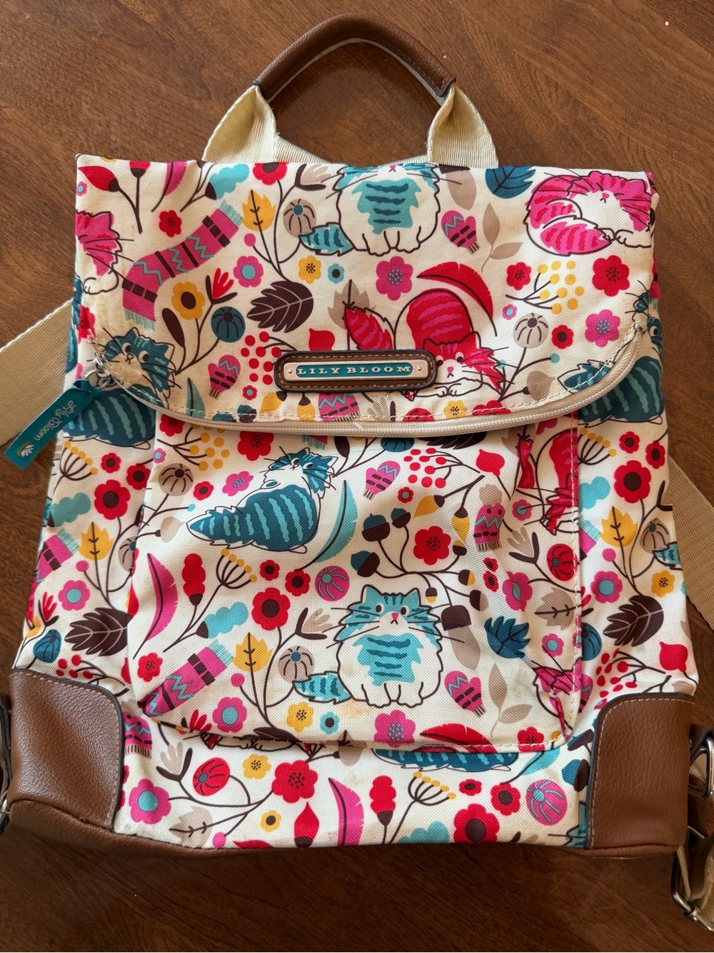 Lily Bloom Cream Floral Cat Backpack with Pink, Teal and Red Floral Cat Print